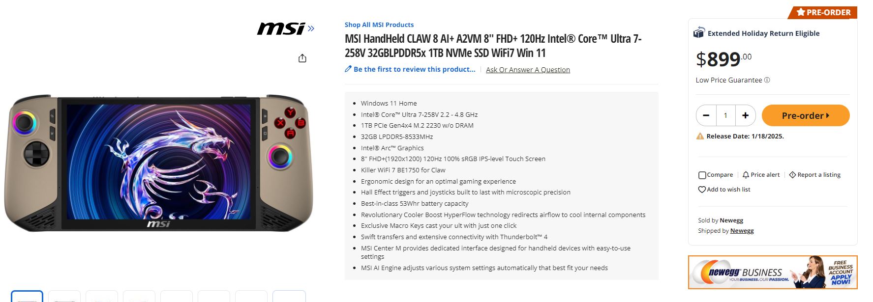 MSI Claw 8 AI+ launch Newegg